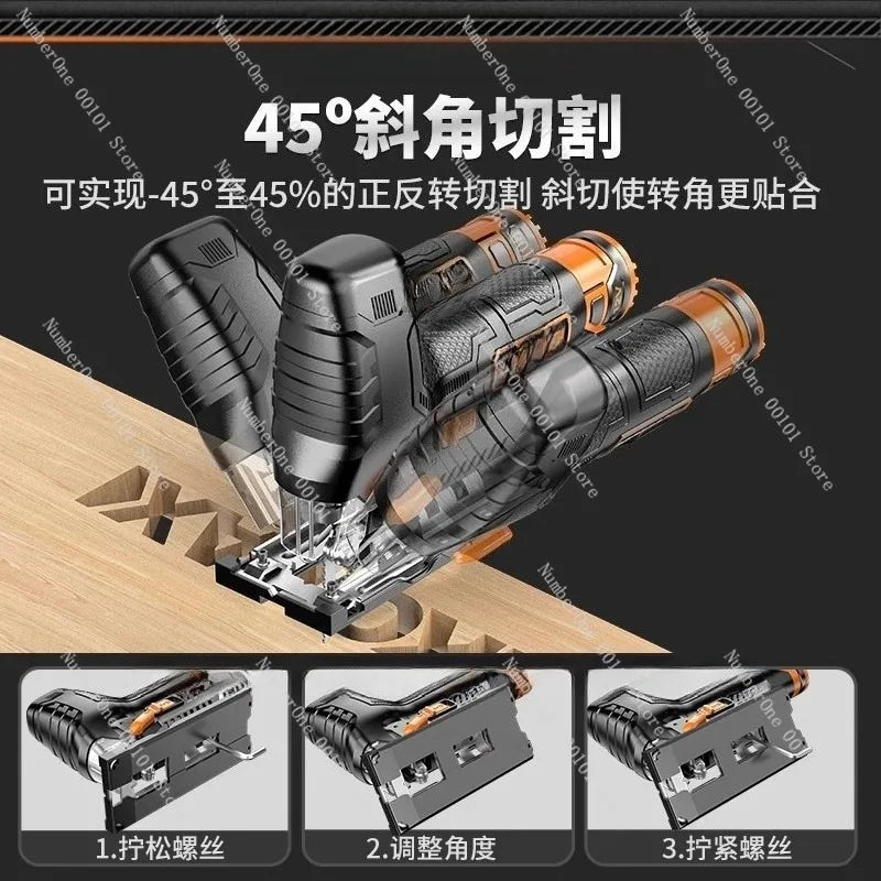 Scie sauteuse sans fil compacte multifonctions, mini scie électrique portative au lithium pour le travail du bois, découpe de courbes et de lignes sur planches de bois.