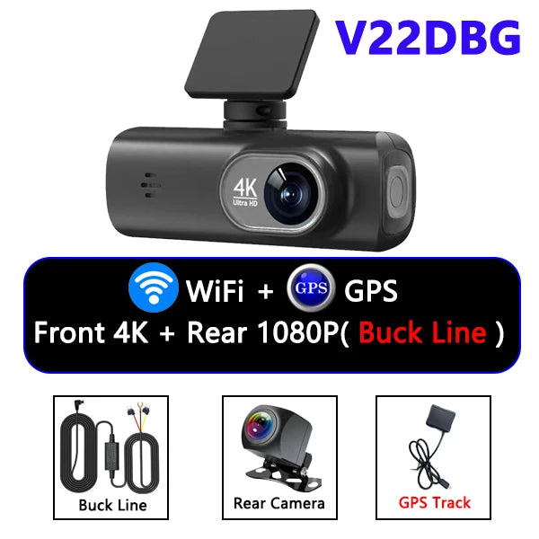 Caméra embarquée 4K UHD pour voiture, double objectif avant et arrière, GPS, Wi-Fi, mode parking 24h, vision nocturne, enregistreur vidéo DVR.