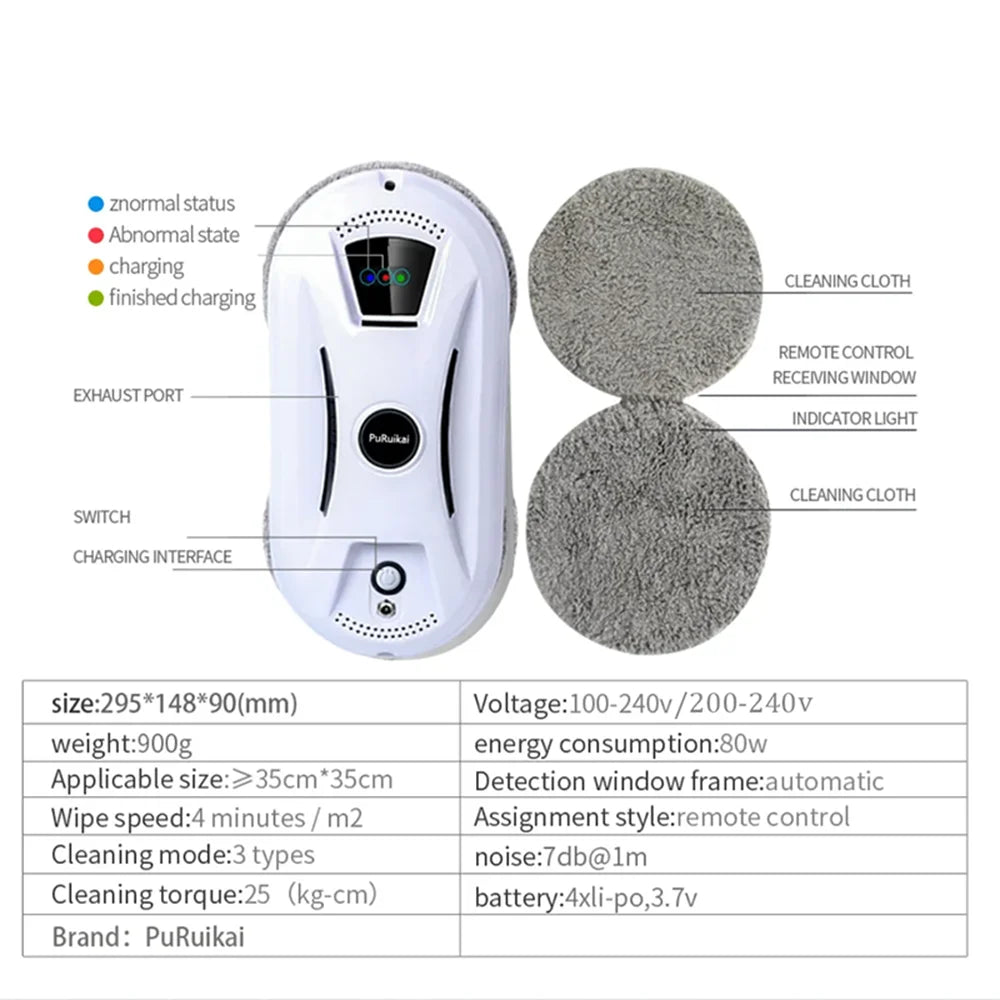 Robot nettoyeur de vitres PuRuikai N361, cordon 5 m, certifié CE