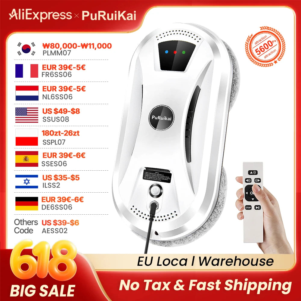 Robot nettoyeur de vitres PuRuikai N361, cordon 5 m, certifié CE, prix UE
