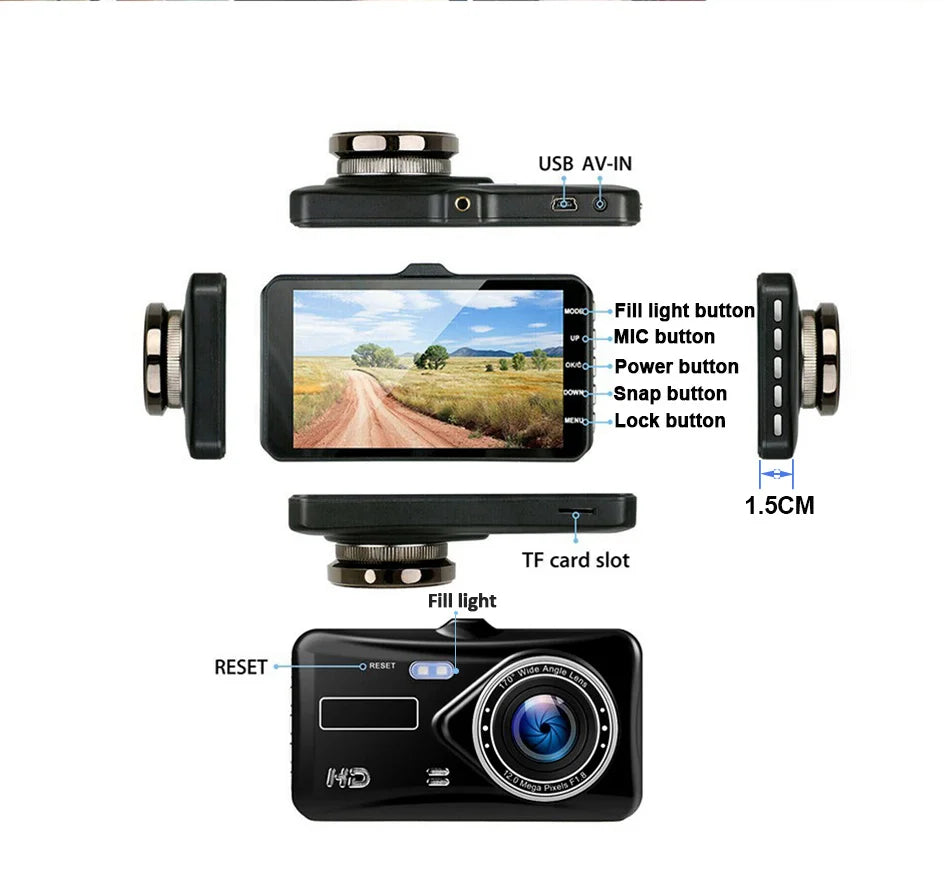 Caméra embarquée HD 1080p tactile avec vision nocturne, enregistreur vidéo pour véhicule, enregistreur de conduite avant et arrière.