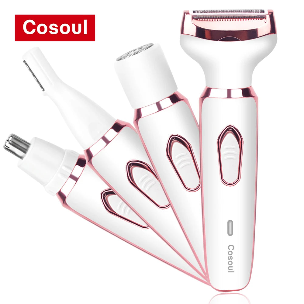 Rasoir électrique 4 en 1 pour femmes, rasoir corporel portable et indolore pour aisselles, maillot, soutiens-gorge, jambes, visage et moustache.