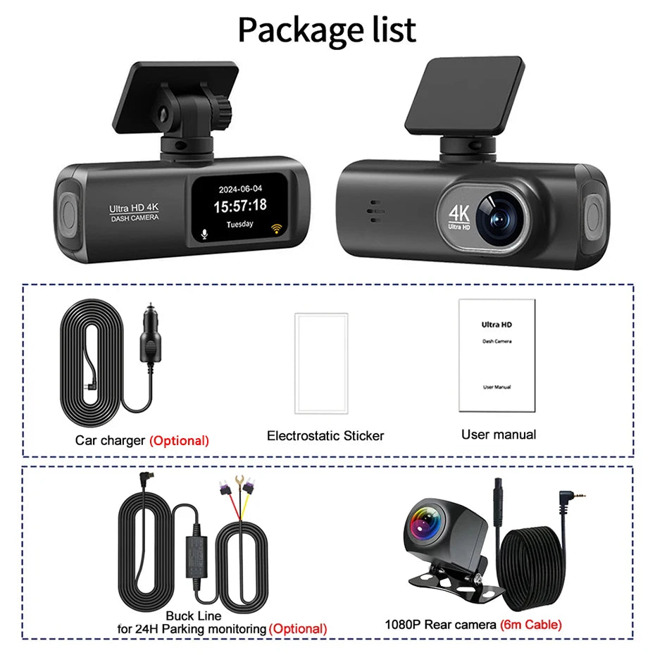Caméra embarquée 4K UHD pour voiture, double objectif avant et arrière, GPS, Wi-Fi, mode parking 24h, vision nocturne, enregistreur vidéo DVR.