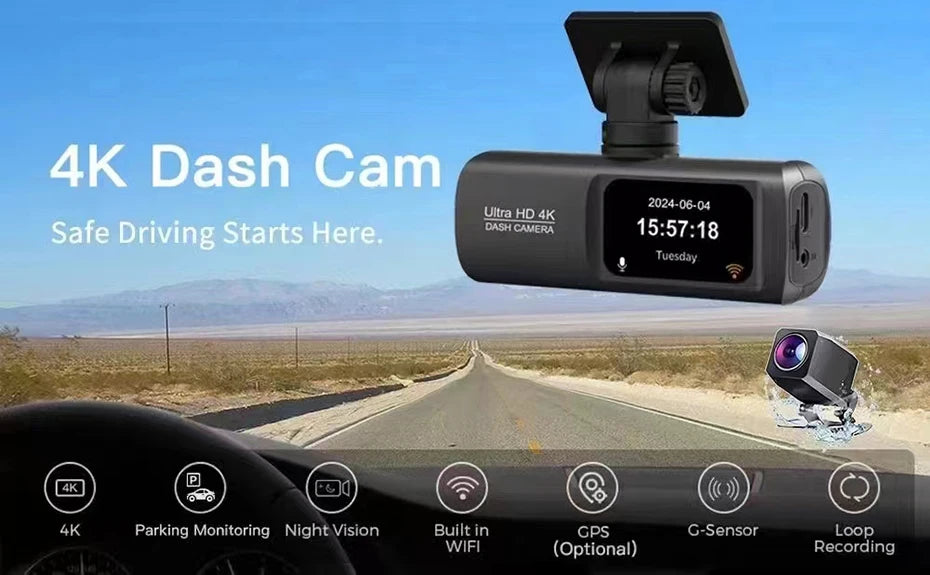 Caméra embarquée 4K UHD pour voiture, double objectif avant et arrière, GPS, Wi-Fi, mode parking 24h, vision nocturne, enregistreur vidéo DVR.