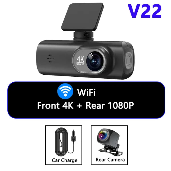 Caméra embarquée 4K UHD pour voiture, double objectif avant et arrière, GPS, Wi-Fi, mode parking 24h, vision nocturne, enregistreur vidéo DVR.