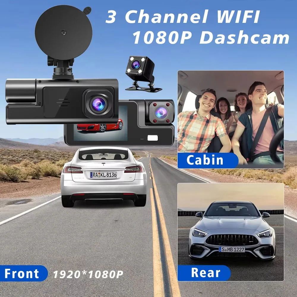 Caméra embarquée 3 canaux Wi-Fi avec DVR 1080p pour voiture (avant et intérieur), boîtier noir, surveillance de stationnement 24h/24, accessoires auto