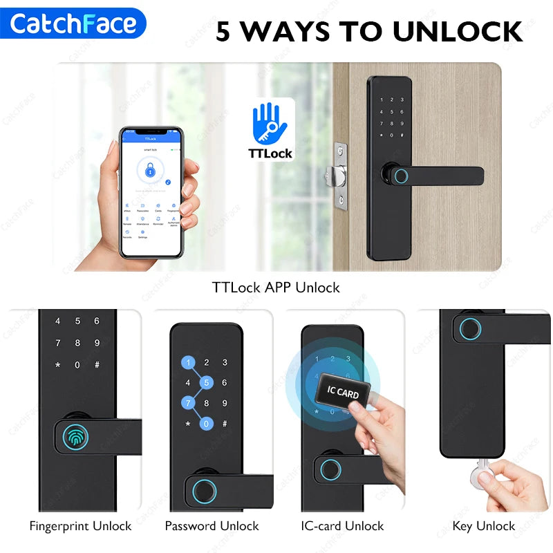 Serrure de porte intelligente Bluetooth TTLock avec application d'empreinte numérique, carte à code et écran tactile. Serrure électronique numérique de sécurité pour la maison.