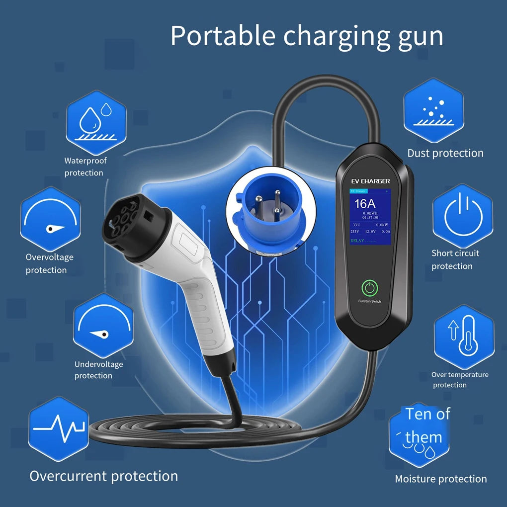 Câble de charge portable pour véhicule électrique 32 A 7 kW 5 m monophasé 3 broches type 2 avec écran LCD, conforme à la norme CEE, avec écran LCD