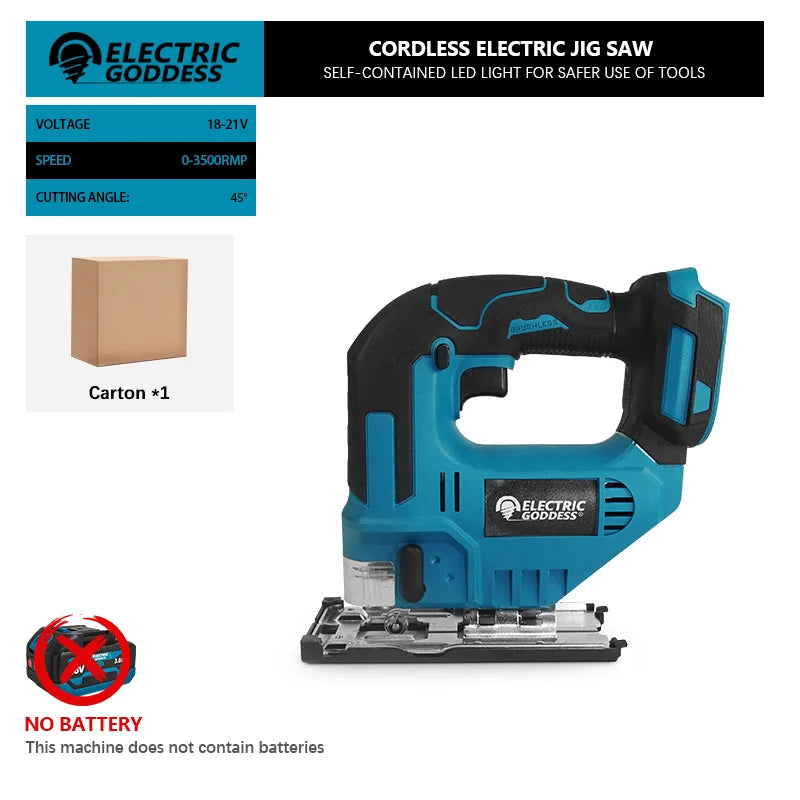 Scie sauteuse sans fil Electric Goddess, 18 V, 750 W, coupe bois/métal/PVC, 800-3500 tr/min
