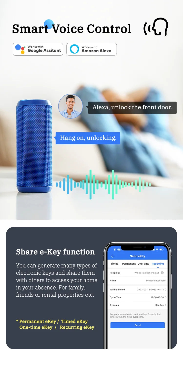 Serrure de porte intelligente Bluetooth TTLock avec application d'empreinte numérique, carte à code et écran tactile. Serrure électronique numérique de sécurité pour la maison.