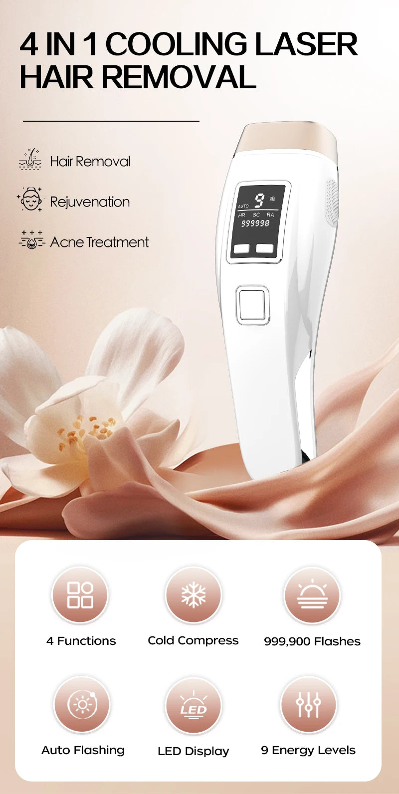Épilateur laser/IPL Vancostar, 999 900 flashs, épilation/rajeunissement/acné 3 en 1, refroidissement, CE/FCC