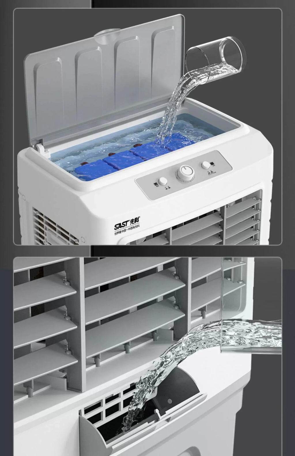 Ventilateur de climatisation à circulation d'évaporation pour réfrigérateur industriel, grand format, avec ajout d'eau fraîche. Utilisation commerciale.