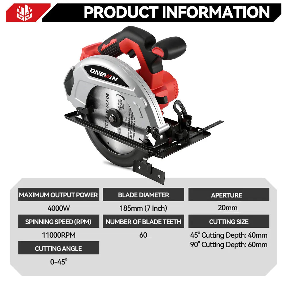 Scie électrique circulaire sans balais ONEVAN 4000 W, 18 cm (7 pouces), sans fil, rechargeable, portable, pour la coupe du bois, compatible avec les batteries Makita.