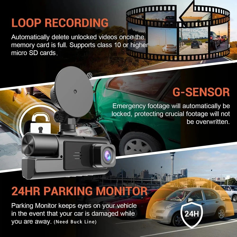 Caméra embarquée 3 canaux Wi-Fi avec DVR 1080p pour voiture (avant et intérieur), boîtier noir, surveillance de stationnement 24h/24, accessoires auto