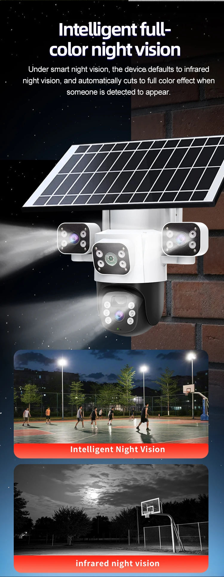 Caméra IP Solaire 4G 12 MP | Triple Objectif, Rotation PTZ, Détection de Mouvement et Suivi Intelligent
