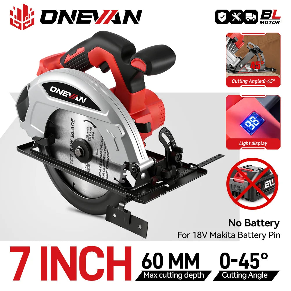 Scie électrique circulaire sans balais ONEVAN 4000 W, 18 cm (7 pouces), sans fil, rechargeable, portable, pour la coupe du bois, compatible avec les batteries Makita.