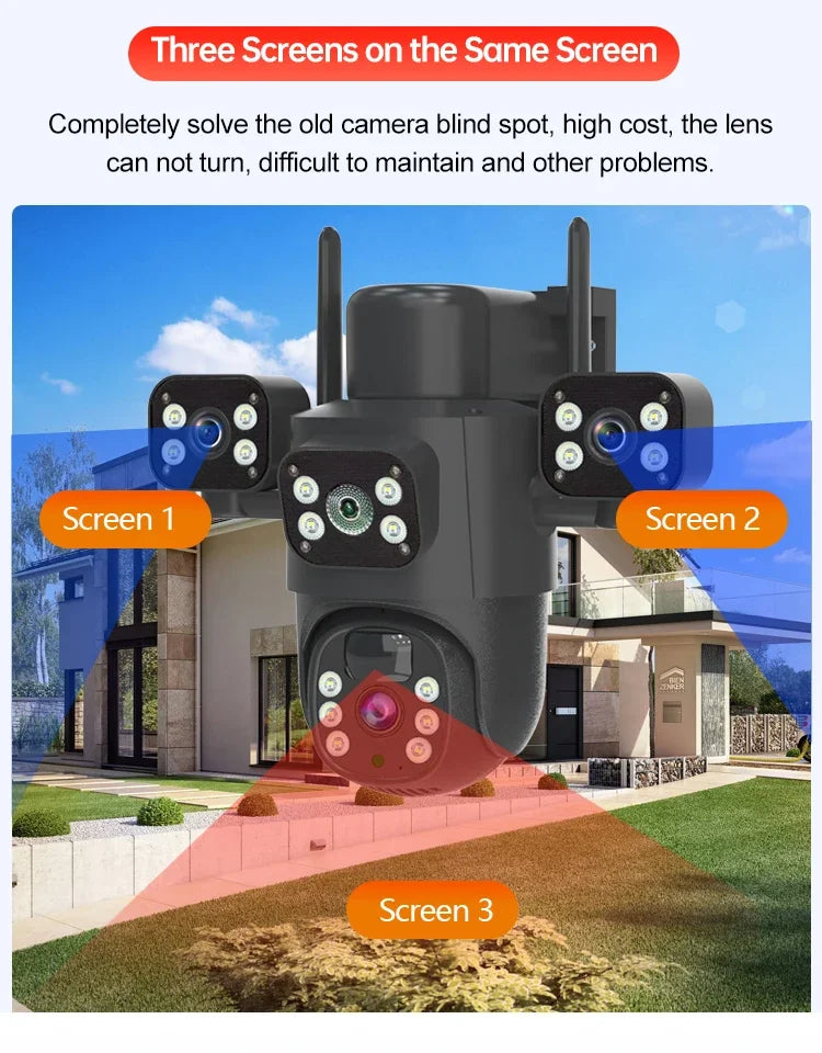 Caméra solaire 4G/WiFi, trois objectifs, écran, extérieur, 12 MP, 6K, batterie basse consommation, vision nocturne PIR, protection CCTV