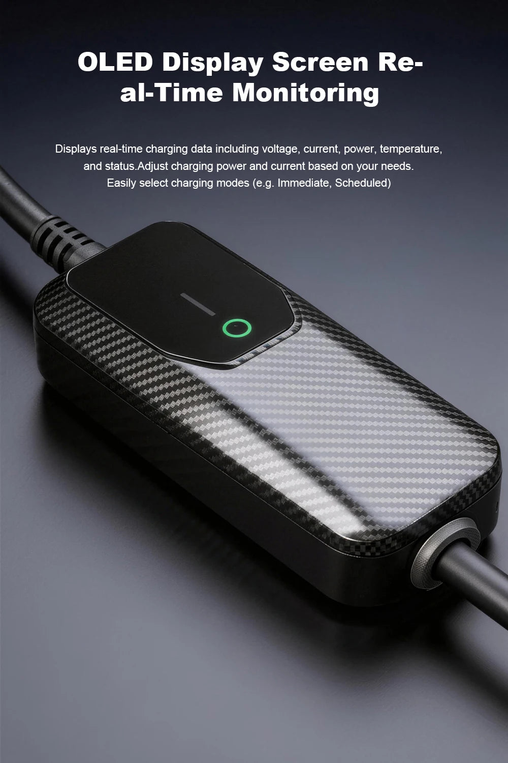 Chargeur mural portable pour véhicules électriques, type 1, 32 A max., 7,2 kW, écran LCD, conforme à la norme SAE J1772. Courant de charge réglable.