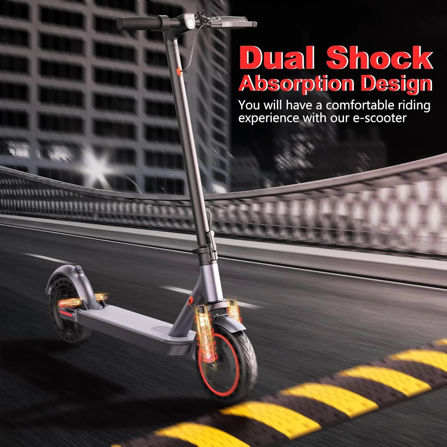 Trottinette électrique avec pneus alvéolés de 10 pouces, batterie 42 V 10,5 Ah, vitesse maximale de 35 km/h, autonomie maximale de 35 km, double freinage et suspension, contrôle via application.