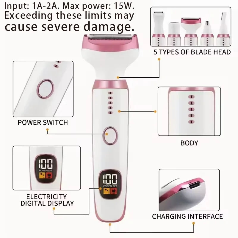 Épilateur Femme 5-en-1 Rechargeable | Rasoir Jambes et Aisselles avec Lames Inox et Écran LED