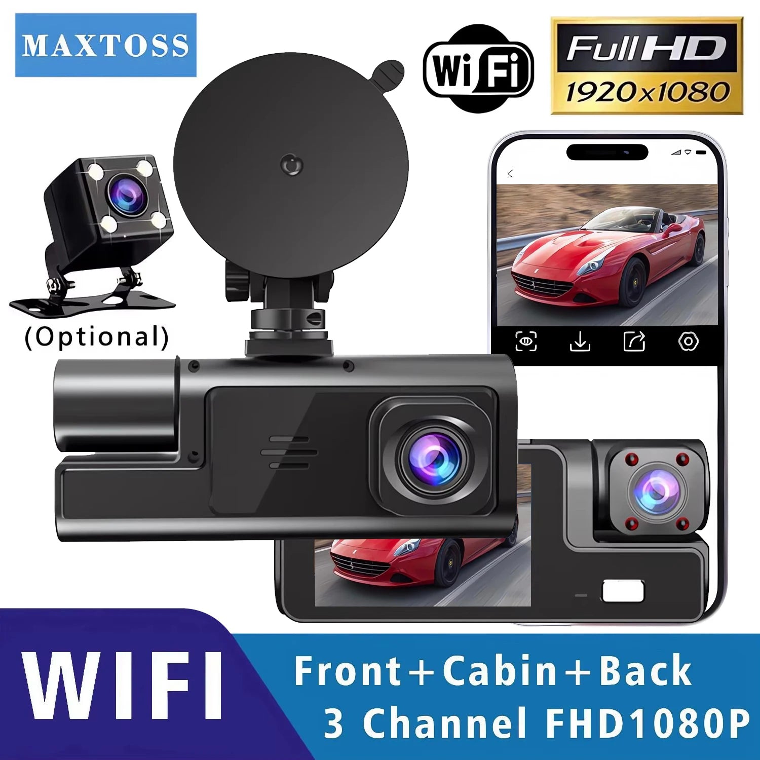 Caméra embarquée 3 canaux Wi-Fi avec DVR 1080p pour voiture (avant et intérieur), boîtier noir, surveillance de stationnement 24h/24, accessoires auto