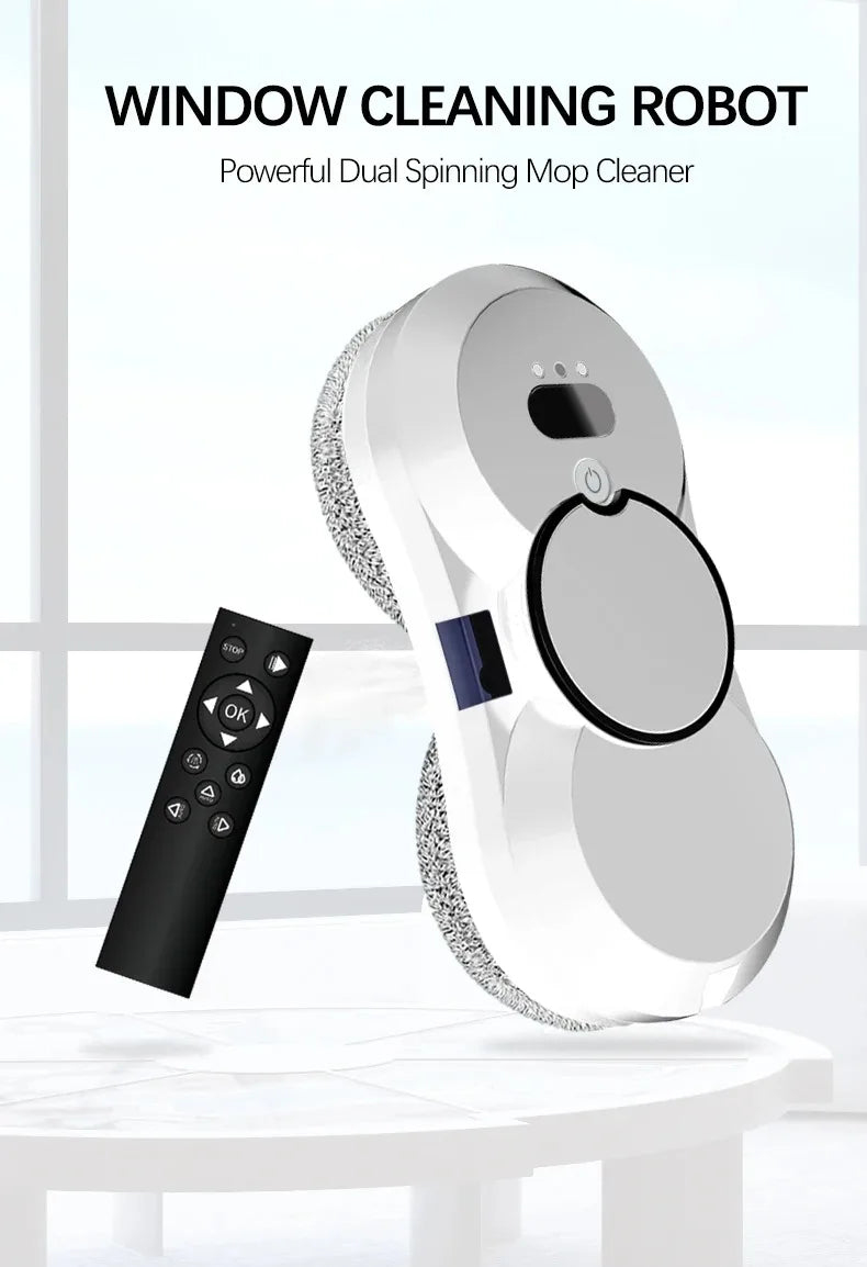 Robot nettoyeur de vitres automatique avec jet d'eau, télécommande, aspirateur et système anti-chute pour appartements et bureaux en hauteur
