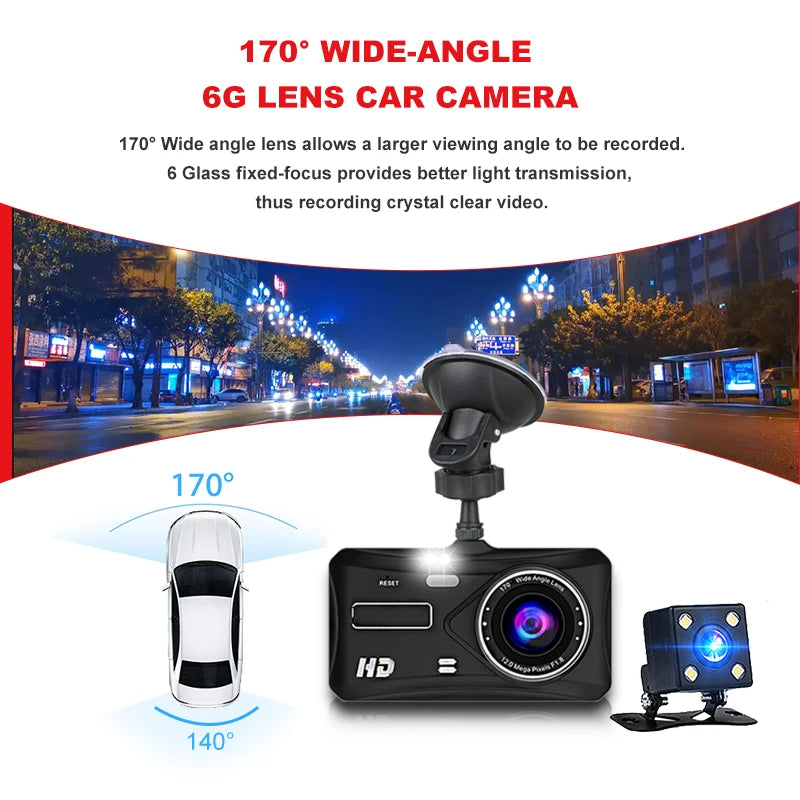 Caméra embarquée HD 1080p tactile avec vision nocturne, enregistreur vidéo pour véhicule, enregistreur de conduite avant et arrière.