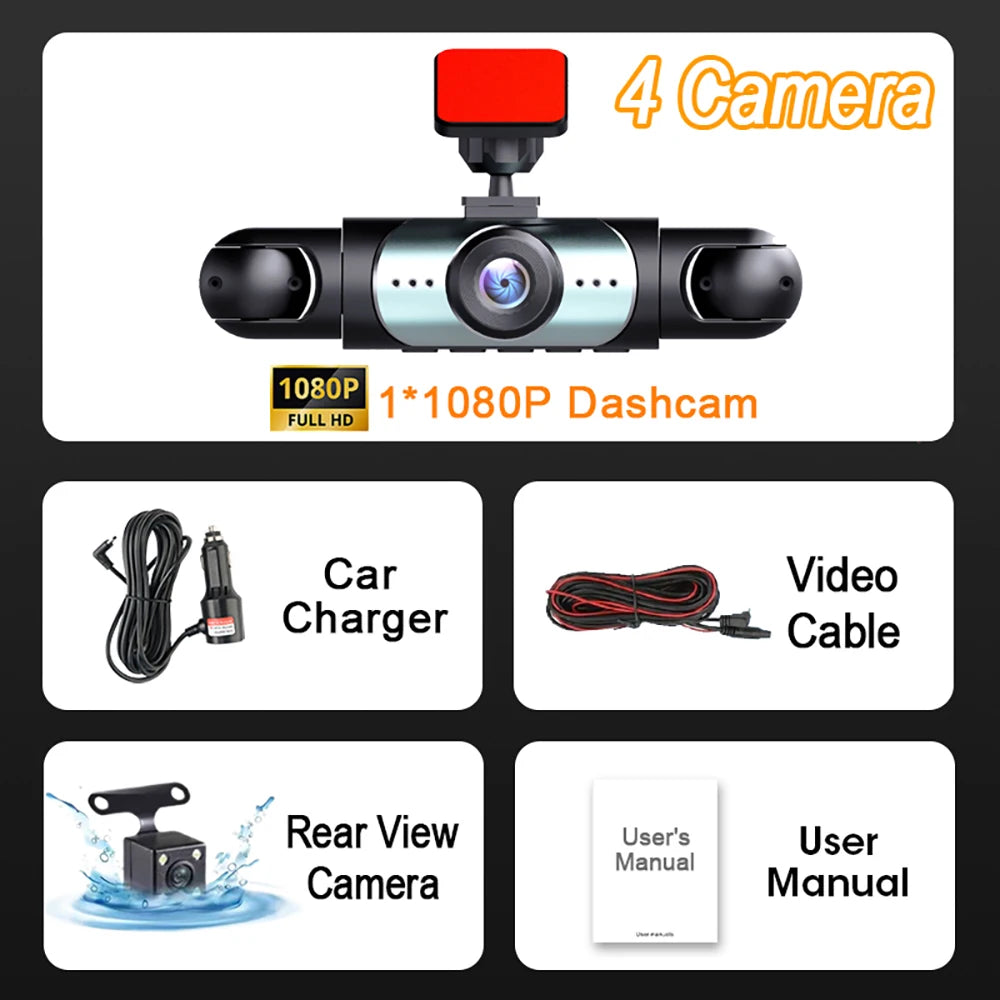 Caméra embarquée WDSZKMYF 1080p, 4 objectifs, angle 170°/120°, enregistrement en boucle, capt. G