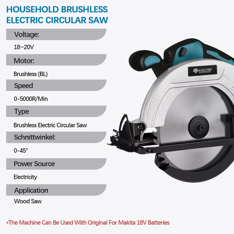 Scie électrique circulaire sans balais 5/7 pouces, angle de coupe de 45 degrés, outil de scie à bois portatif pour batterie Makita 18 V