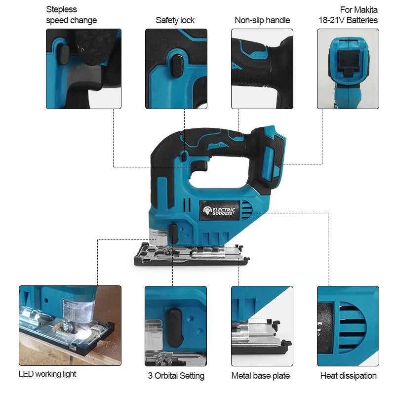 Scie sauteuse sans fil Electric Goddess, 18 V, 750 W, coupe bois/métal/PVC, 800-3500 tr/min