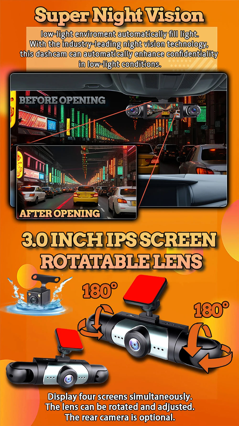 Caméra embarquée WDSZKMYF 1080p, 4 objectifs, angle 170°/120°, enregistrement en boucle, capt. G