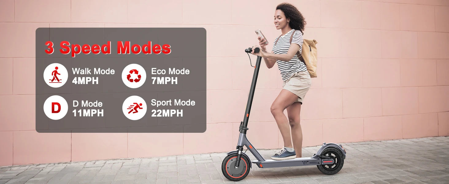 Trottinette électrique avec pneus alvéolés de 10 pouces, batterie 42 V 10,5 Ah, vitesse maximale de 35 km/h, autonomie maximale de 35 km, double freinage et suspension, contrôle via application.